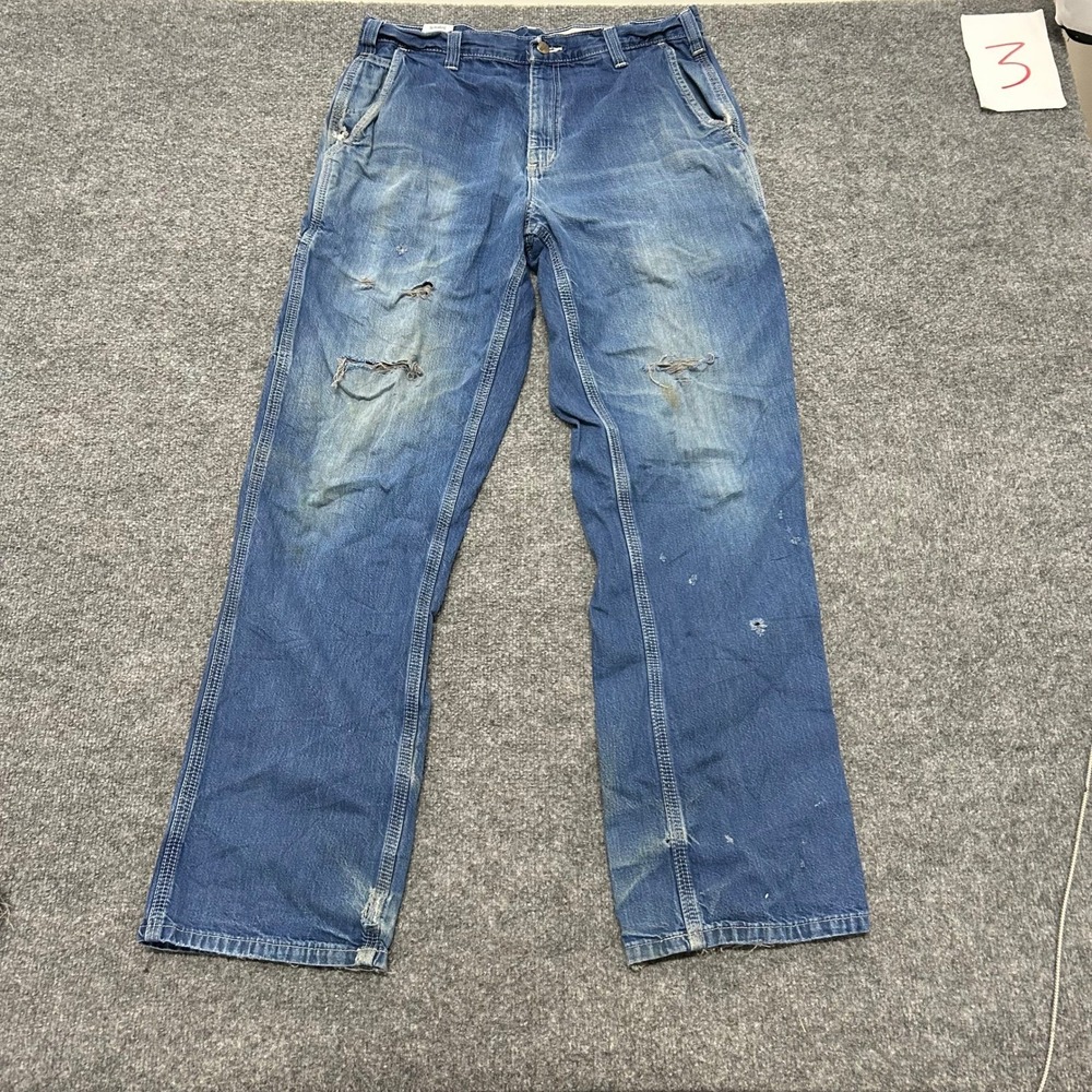 Carhartt Jeans Mens Size 32x32 Blue Dungaree Fit Carpenter Distressed Workwear